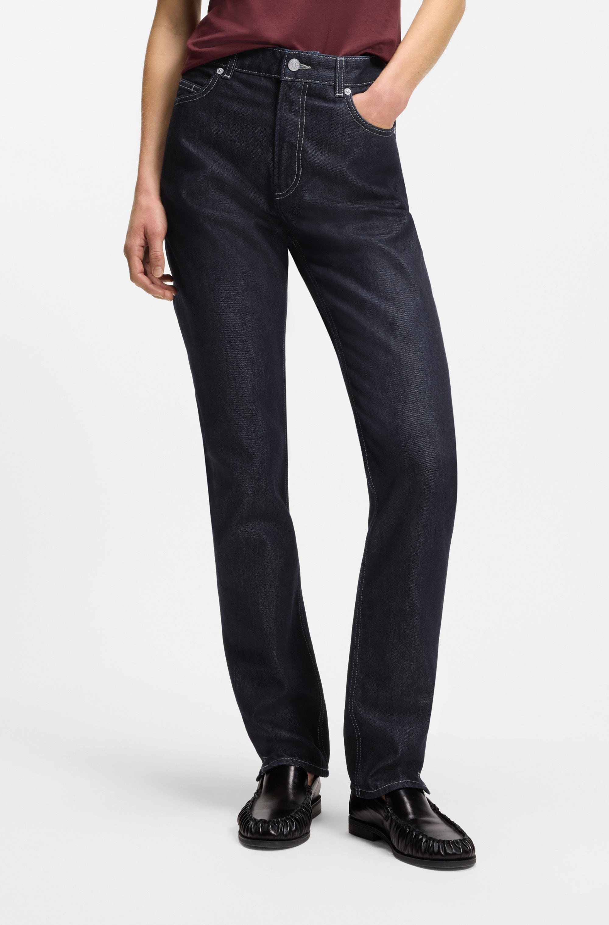 High-waist-Jeans BOSS ORANGE "ADA SLIM HR 1.0 Premium Damenmode", Damen, Gr. 31, Länge 32, dunkelblau 401, Denim/Jeans, Obermaterial: 61% Baumwolle, 39% Lyocell, unifarben, slim fit lang, Jeans High-Waist-Jeans, mit kleinen Schlitzen am Saum
