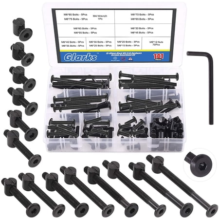 141Pcs M6x15/ 20/25/ 30/35/ 40/45/ 50/55/ 60/65/ 70/75/ 80mm Baby Bed Crib Screws Hardware Replacement Kit Black Hex Socket Cap Bolts Screws and Nuts Assortment Kit with a Allen Wrench
