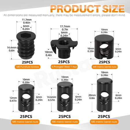 TYHREF-150Pcs M6 Black Zinc Barrel Nuts Four-jaw Tee Nuts and Threaded Insert Assortment Kit Metric Cross Dowels Slotted Nut T Nut Wood Inserts Bolt for Wood Furniture Beds Crib Chairs