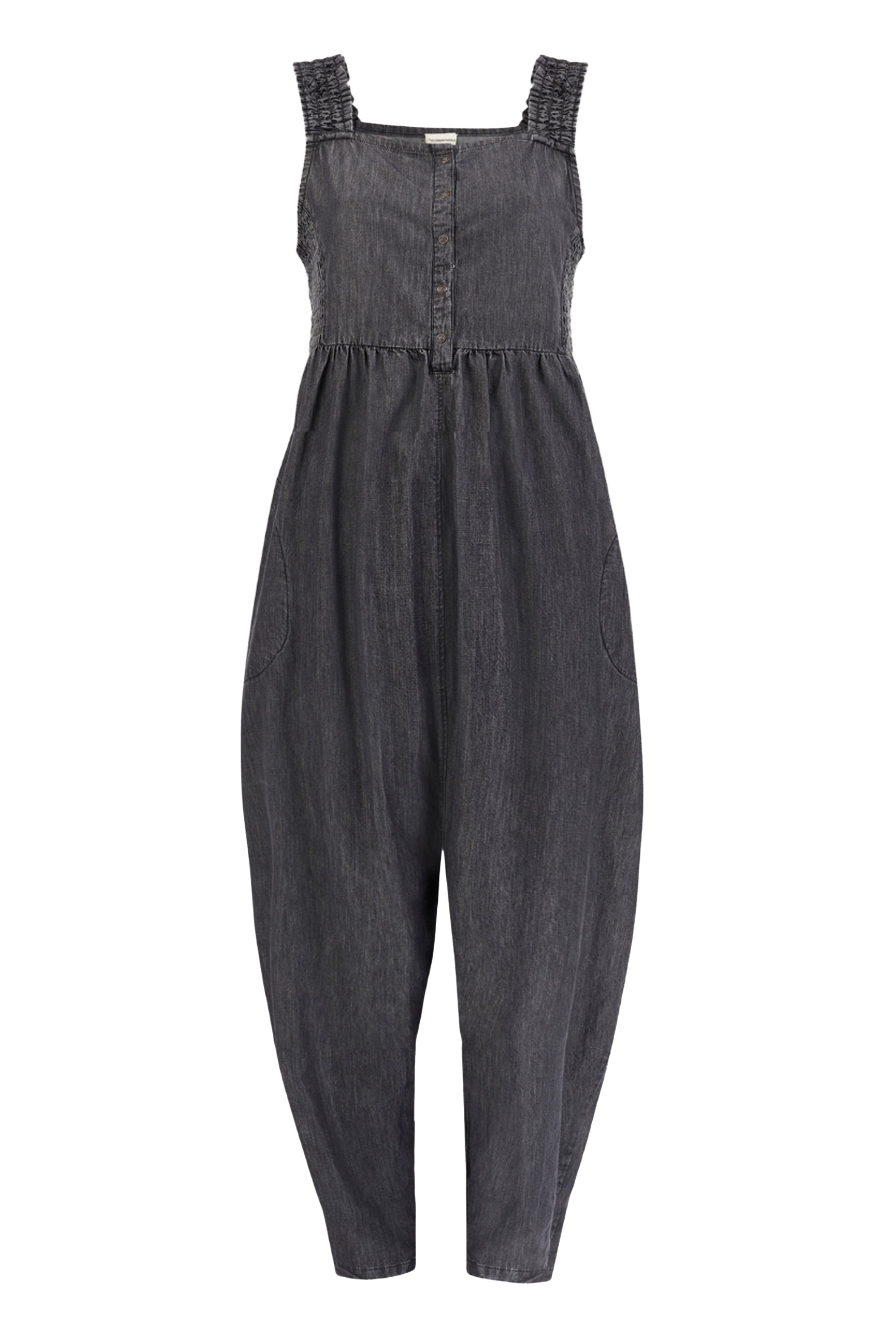 Jumpsuit TURTLEDOVE LONDON "Alice Denim Smocking Strap Jumpsuit Damen", Damen, Gr. L, Normalgrößen, schwarz, 100% Baumwolle, normal, Overalls Jumpsuit