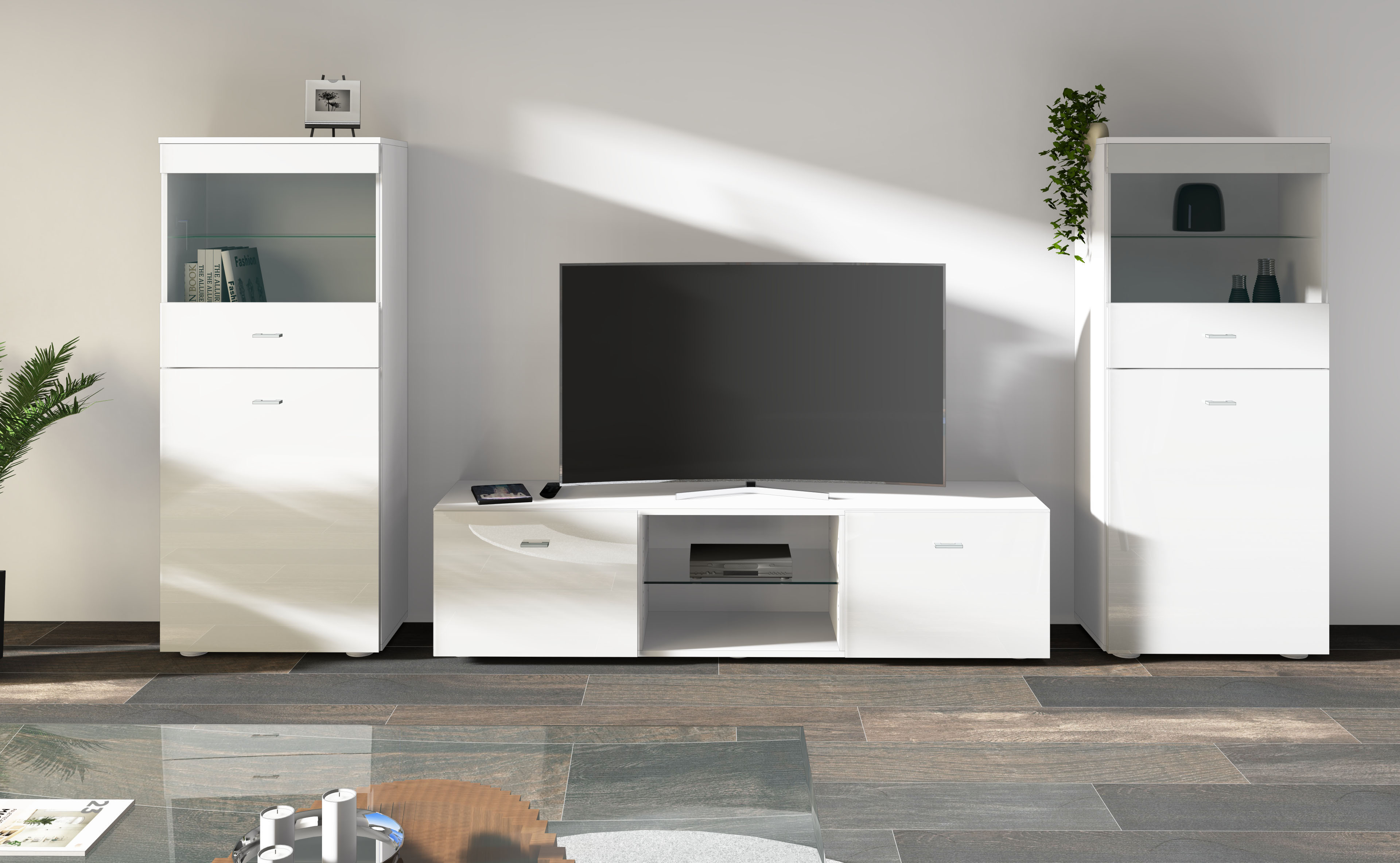 Wohnwand BORCHARDT MÖBEL "Scala", weiß hochglanz, Mit Push to open, Kastenmöbel-Sets, Wohnwand, 3-tlg., Topseller