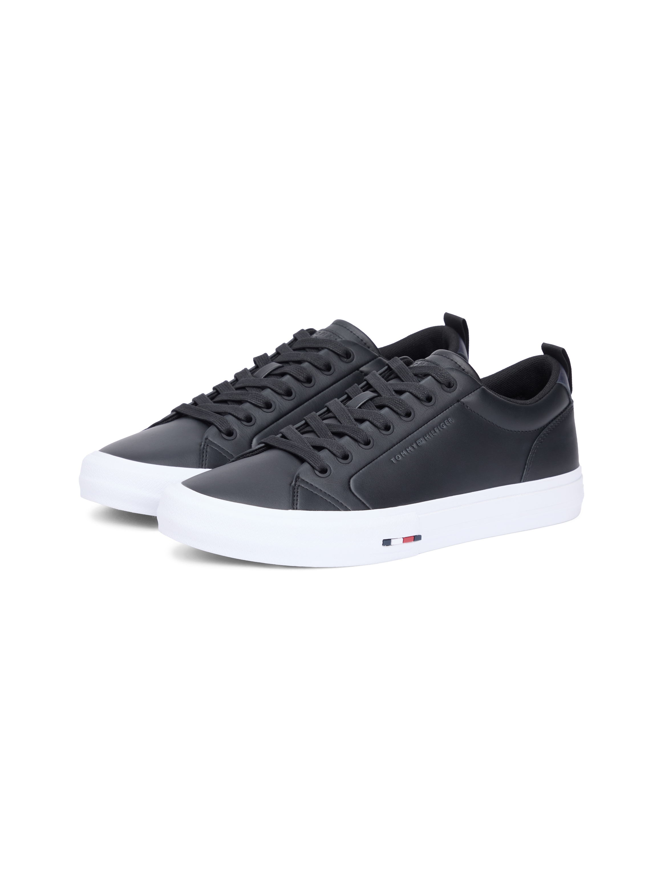 Sneaker TOMMY HILFIGER "HARLEM STREET LTH", Herren, Gr. 43, schwarz, Leder, Lederimitat, Schuhe Sneaker, Freizeitschuh, Halbschuh, Schnürschuh mit TH-Logo -klein ausfallend