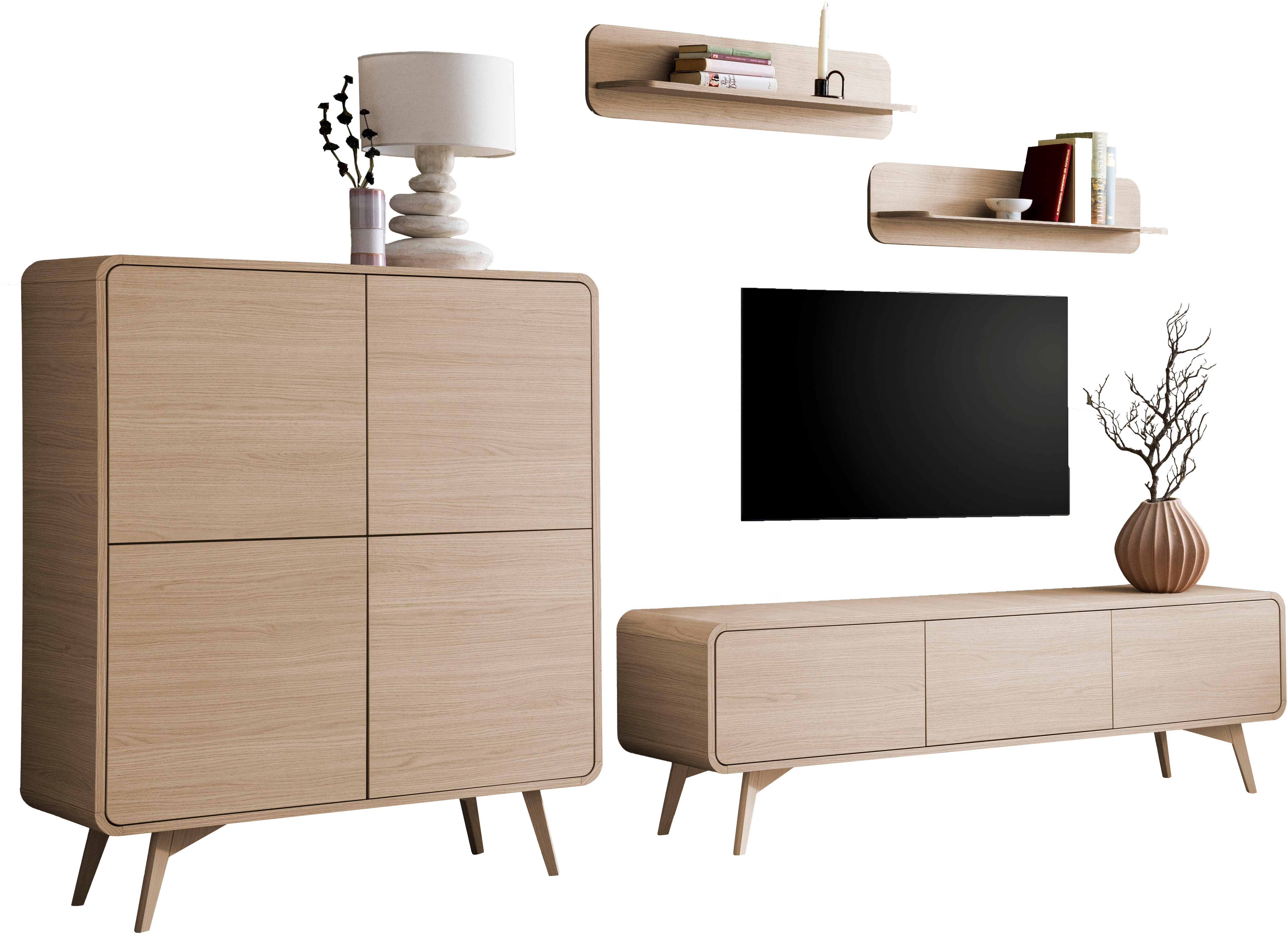 Wohnwand HOME AFFAIRE "Torsby, moderne Anbauwand, Komplettset im Scandi-Stil", eiche natur, B:308cm H:170cm T:39cm, Holzwerkstoff, Kastenmöbel-Sets, Wohnwand, enthält Lowboard, Highboard und Wandboards, 308 cm breit