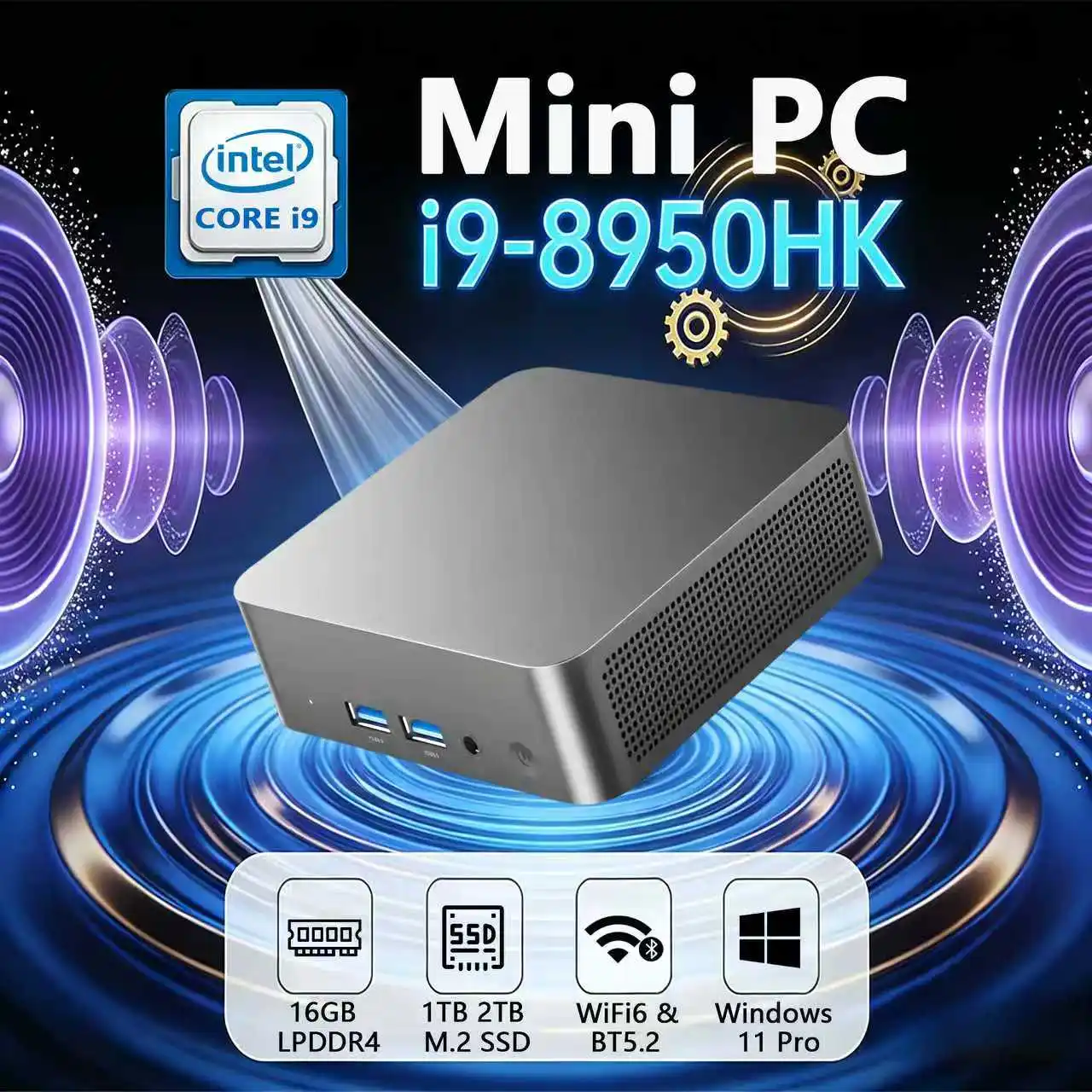 Mini PC Windows 11 Pro 2026, Intel Core i9 8950HK, 16 Go de DDR4, 1 To de SSD, ordinateur de jeu PC, double WIFI 6 BT5.2, 4K HD, mini PC de jeu de bureau