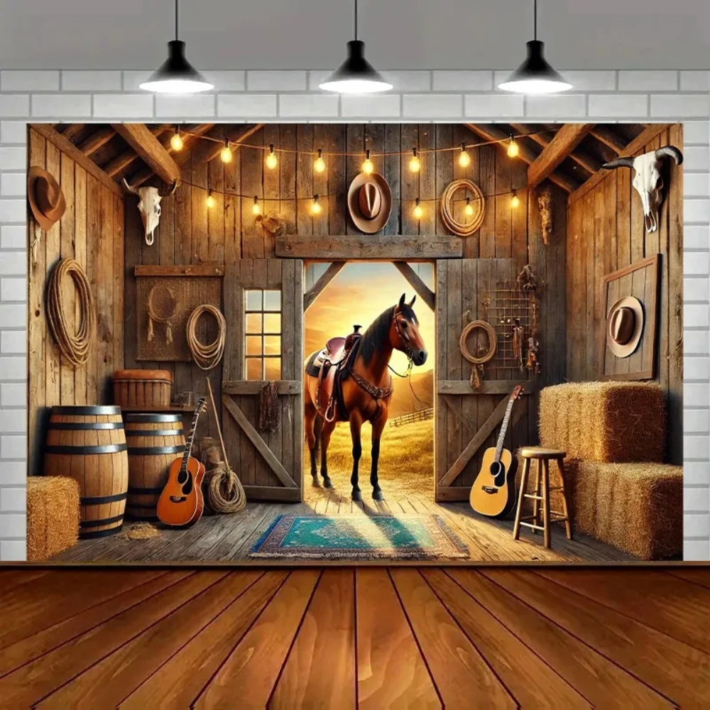 Scheune Cowboy Pferd Thema Hintergrund für Jungen Western Geburtstag Party Blume Sattel Kinder Portrait Fotografie Hintergrund Requisiten ﻿ Image
