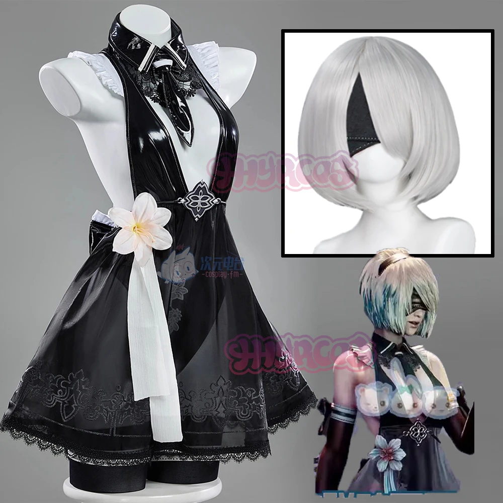 Stellar Blade Linkage NieR:Automata Cosplay YoRHa Nr. 2-Typ-Kostüm, Halloween, Karneval, sexy schwarzes Lederkleid, Requisite, Perücken-Set Image