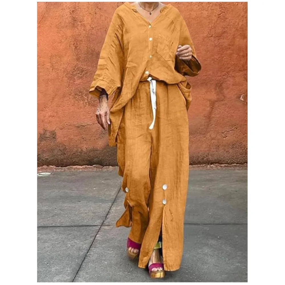 Mode Baumwolle Leinen Langarm-shirt Lange Hosen 2 Stück Set frauen Herbst Casual Lose Breite bein Split lange Hosen Set Weibliche Image