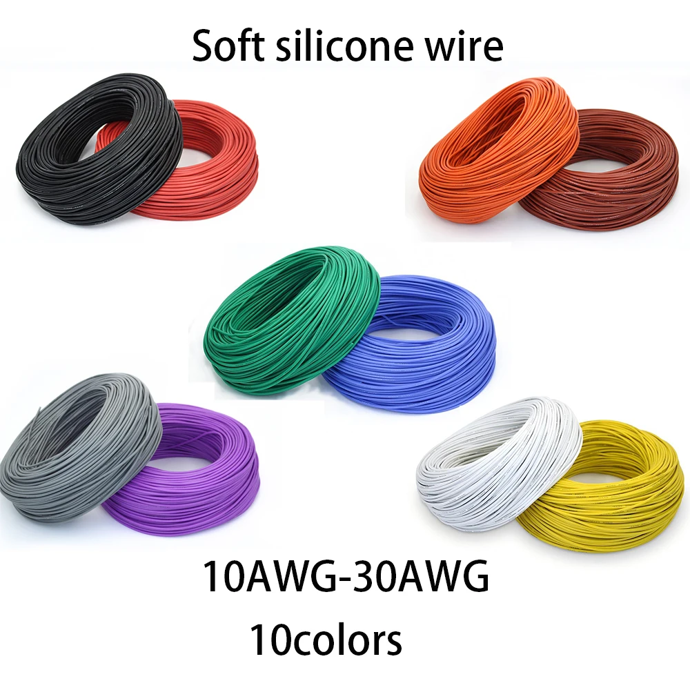 10 Farben Spezieller weicher Silikondraht, 2-polig rot und schwarz 1 m und 5 m 10 AWG 12 14 16 18 20 22 24 26 28 30 AWG Image