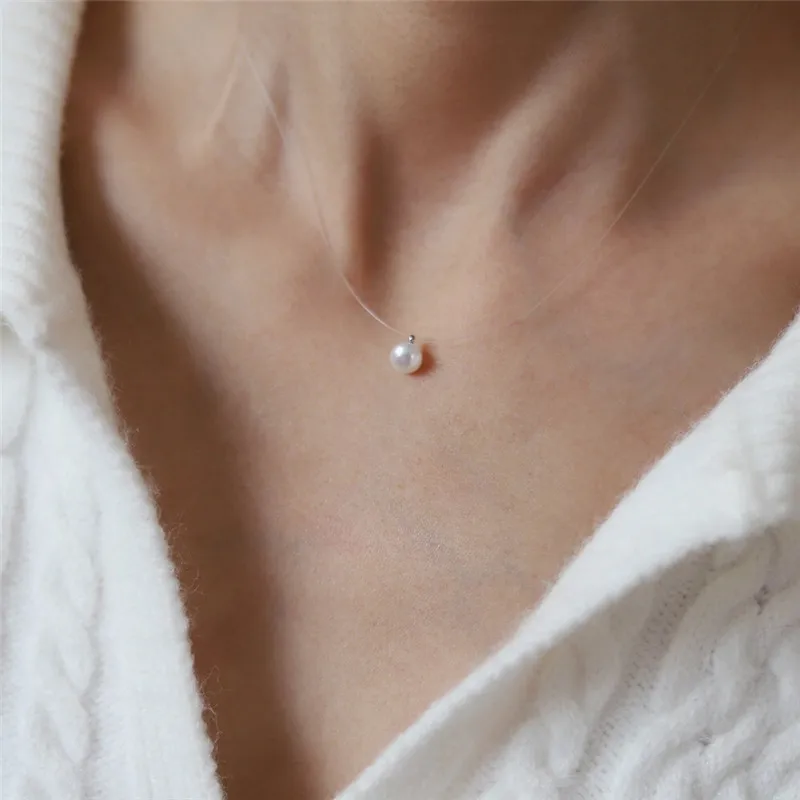 Edelstahl beschläge unsichtbare Angelschnur natürliche Perle Anhänger Halskette für Frauen neuen Trend wasserdichte Schlüsselbein Chai Image