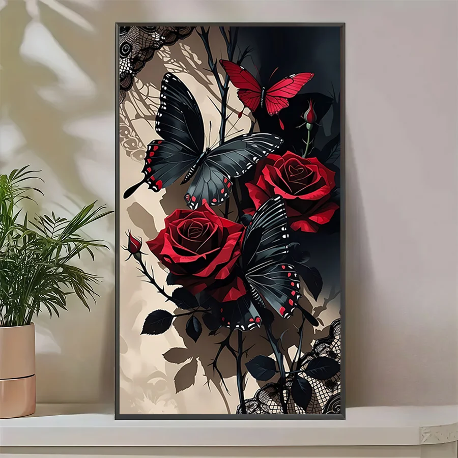 5D-Diamant-Malerei-Set zum Selbermachen – schwarzer Schmetterling und rotes Rosendesign, große Optionen (40,01 x 70,0 cm oder 50,04 x 100,08 cm), volle Bohrmaschine