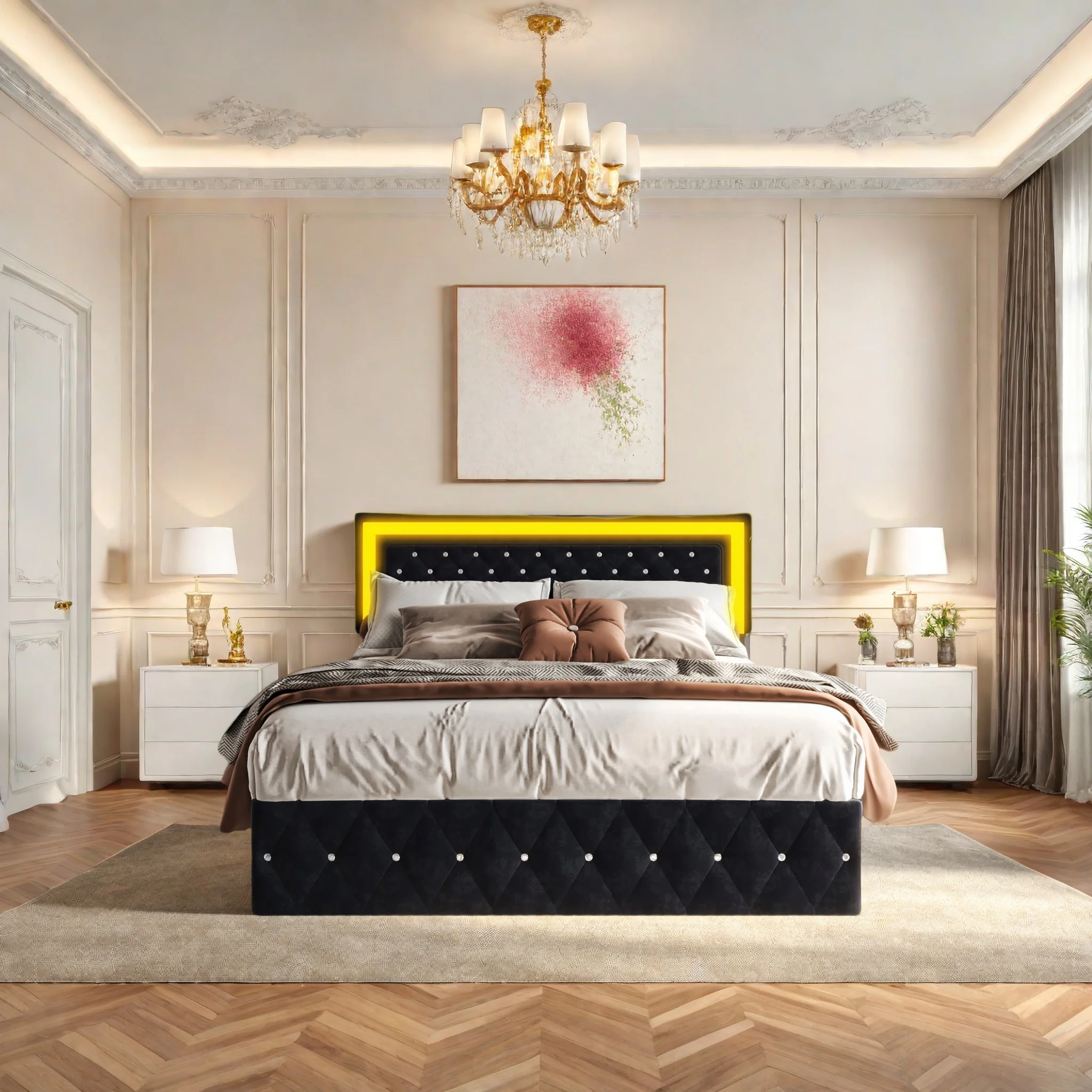 Gepolstertes Bettgestell 180x200 mit Lattenrost, luftgefedertes Kopfteil mit LED-Beleuchtung, Samtbezug, schwarz Image