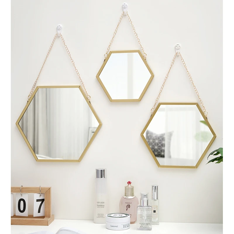 Sechseckige Form dekorative Spiegel Wand Dekor Make-up hängen Spiegel Badezimmer Kosmetikspiegel Schlafzimmer Zimmer Wanddekoration