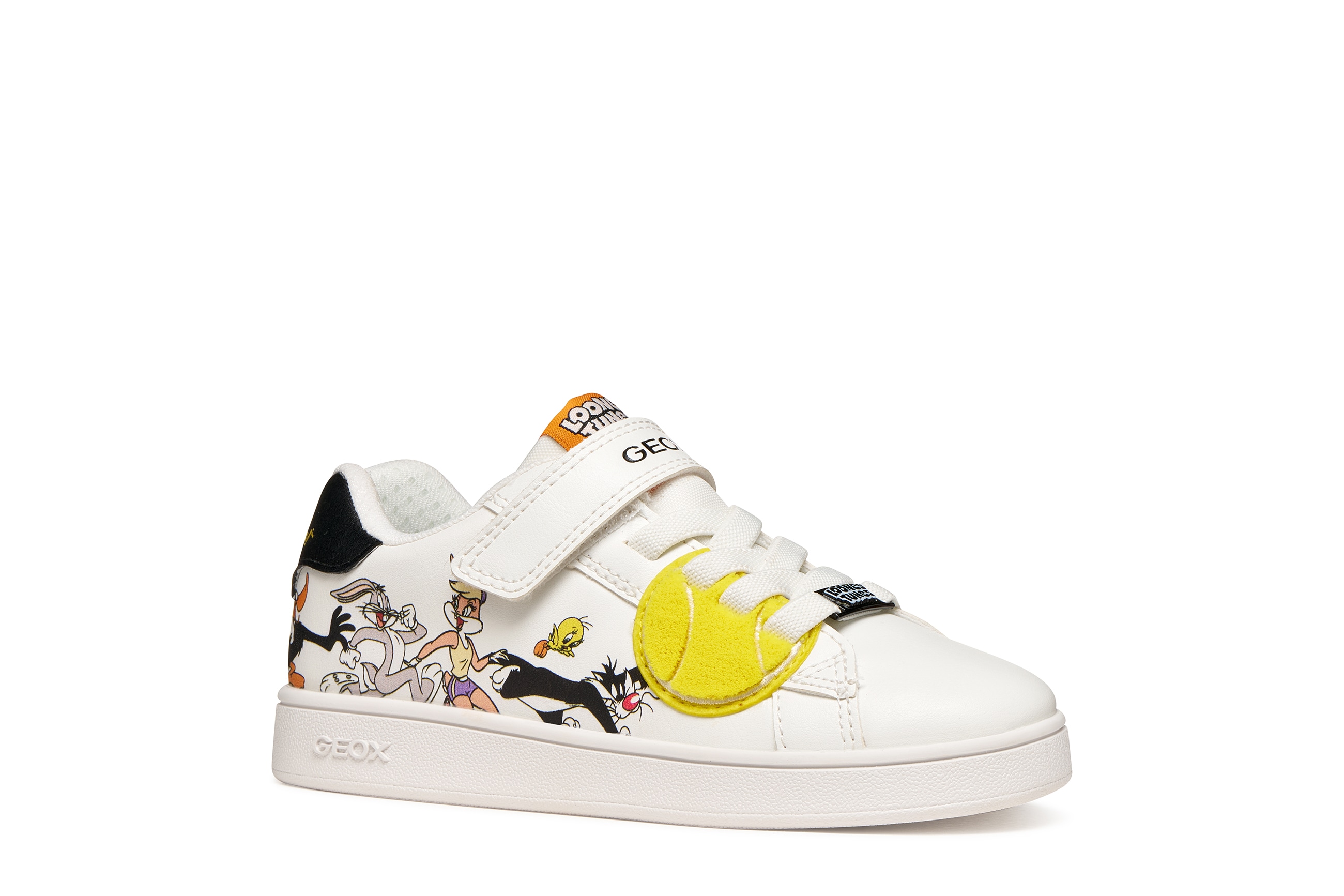 Sneaker GEOX "J ECLYPER BOY", Damen, Gr. 33, weiß, schwarz, Lederimitat, Textil, Schuhe Sneaker, Klettschuh mit Looney Tunes Motiv, Größenschablone zum Download