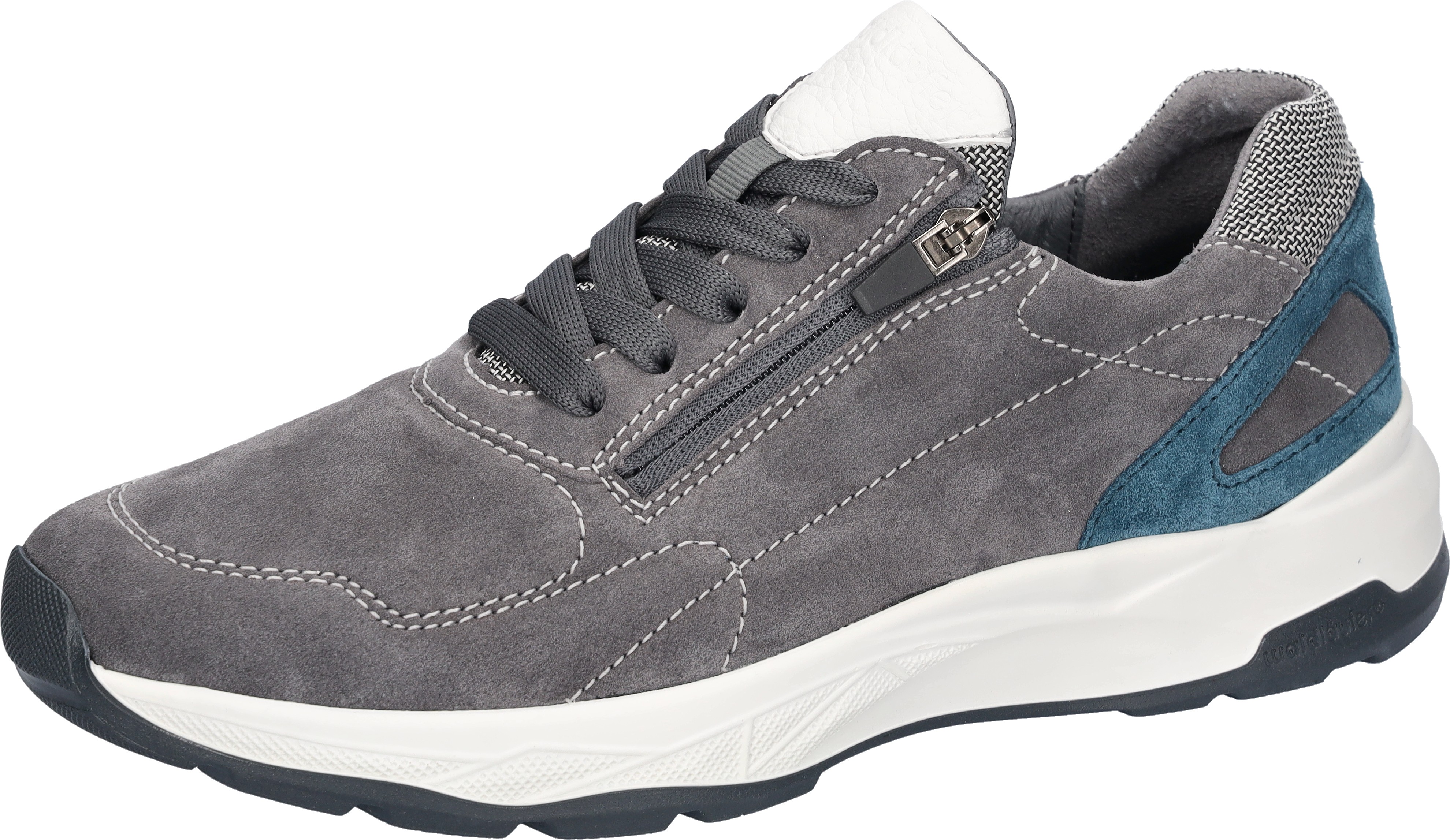 Sneaker WALDLÄUFER "H-TOM", Herren, Gr. 9 (43), grau, weiß, petrol, Nappaleder, Textil, Veloursleder, kontrastfarbene Details, Schuhe Sneaker, Schnürschuh, Halbschuh mit seitlichem Reißverschluss, H-Weite