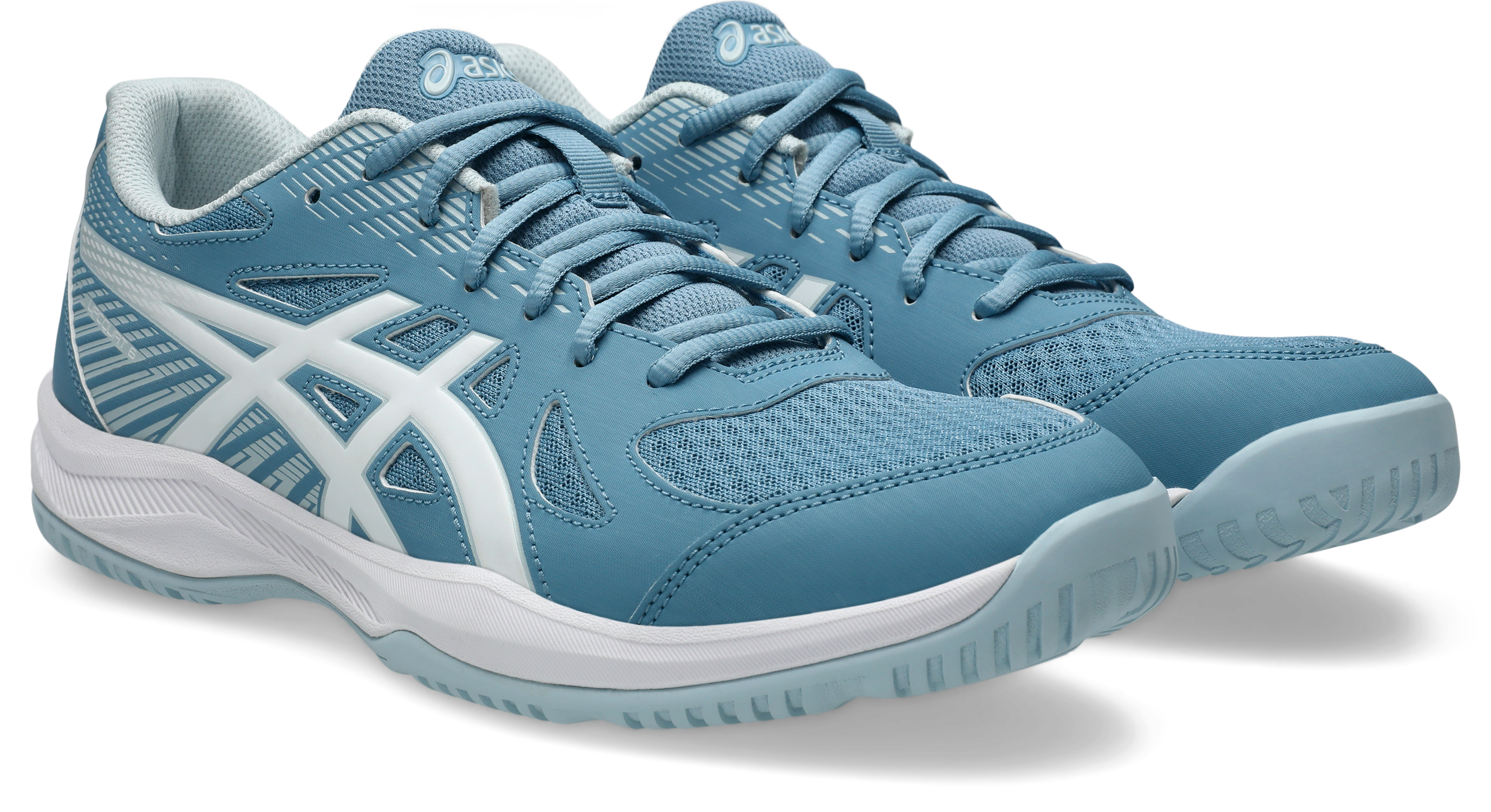 Hallenschuh ASICS "UPCOURT 6", Damen, Gr. 46,5, saba blau, weiß, Textil, Schuhe Hallenschuh, besonders geeignet für Handball und Volleyball
