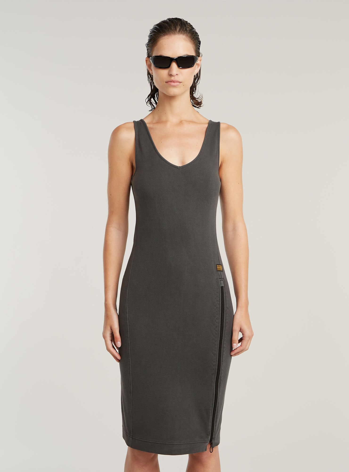 Bodykleid G-STAR "Overdyed Asymmetric Zip Kleid", Damen, Gr. XXS, Normalgrößen, dk schwarz gd, Obermaterial: 100% Baumwolle, Kleider