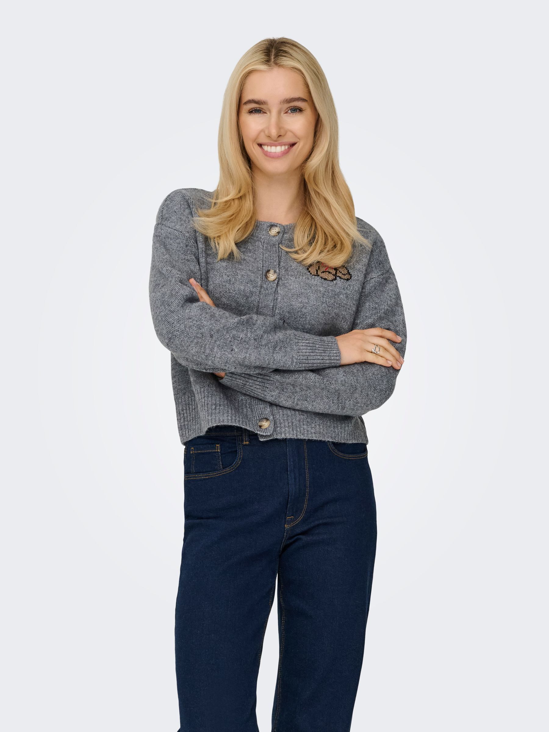 Strickjacke ONLY "ONLTEDDY LS CARDIGAN EX KNT", Damen, Gr. XS, medium grau melange detail:teddy, Strick, Obermaterial: 70% Polyacryl, 30% Polyester, gemustert, normal, Rundhals, Strickjacken Strickjacke, mit Teddy Motiv