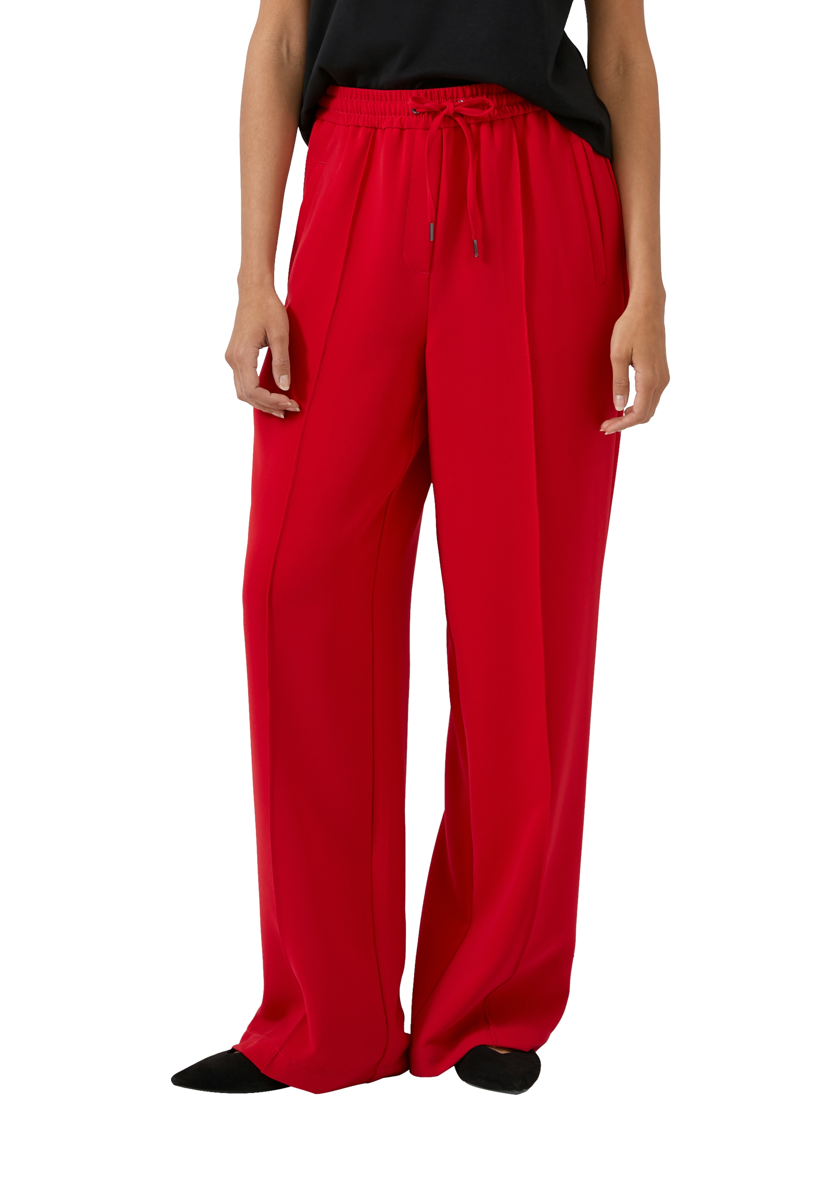 Stoffhose S.OLIVER, Damen, Gr. 44, N-Gr, salsa rot, Web, Obermaterial: 93% Polyester, 7% Elasthan. Futter: 100% Polyester, unifarben, gerade lang, Hosen Stoffhose, mit Bügelfalte und Kordelzug