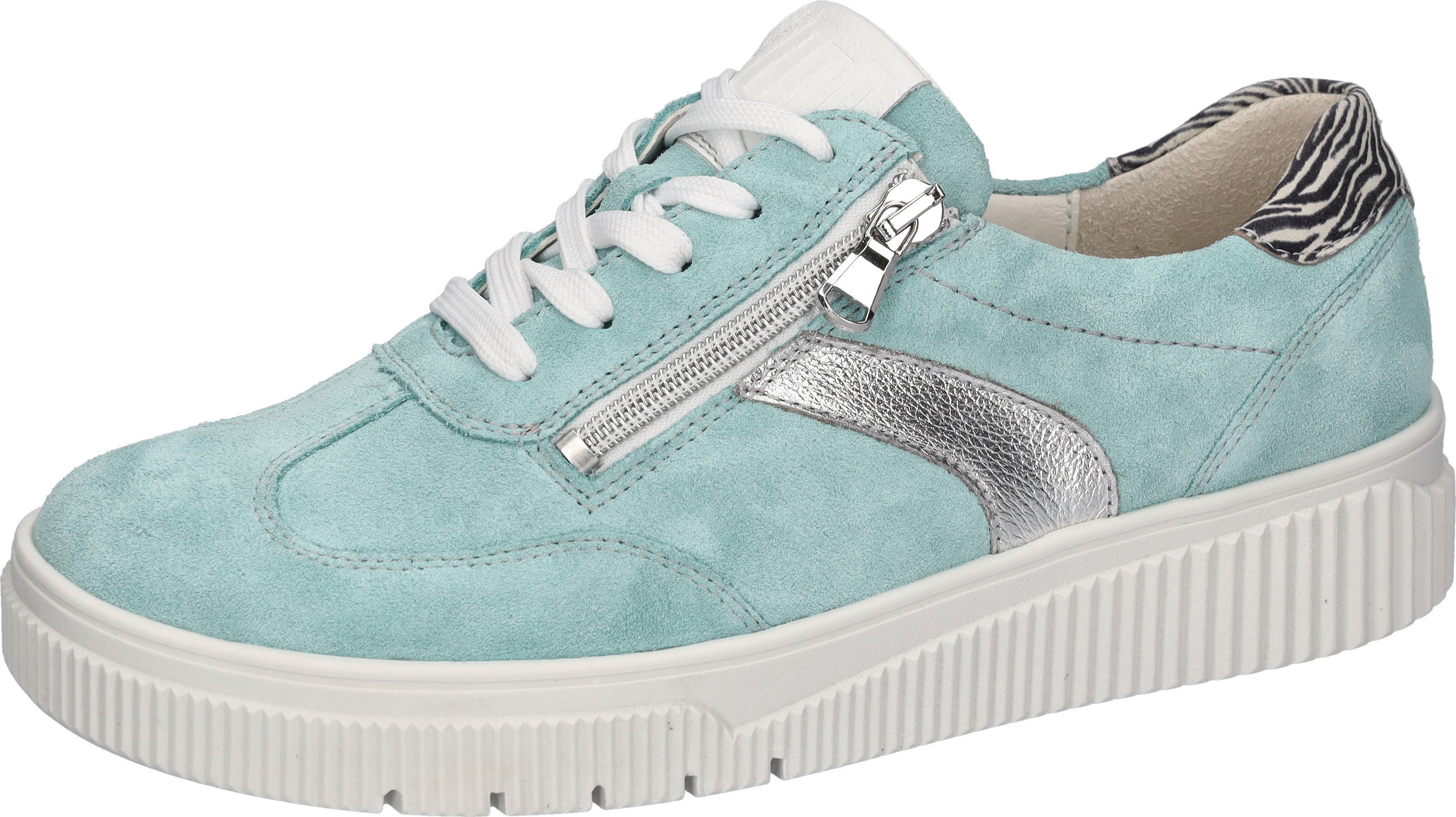 Plateausneaker WALDLÄUFER "K-SANSA", Damen, Gr. 5 (38), mint, silberfarben, weiß, Nappaleder, Nubukleder, Veloursleder, kontrastfarbene Details, metallic, Schuhe Plateausneaker, Schnürschuh, Halbschuh, Freizeitsneaker mit Leder-Fußbett, K-Weite