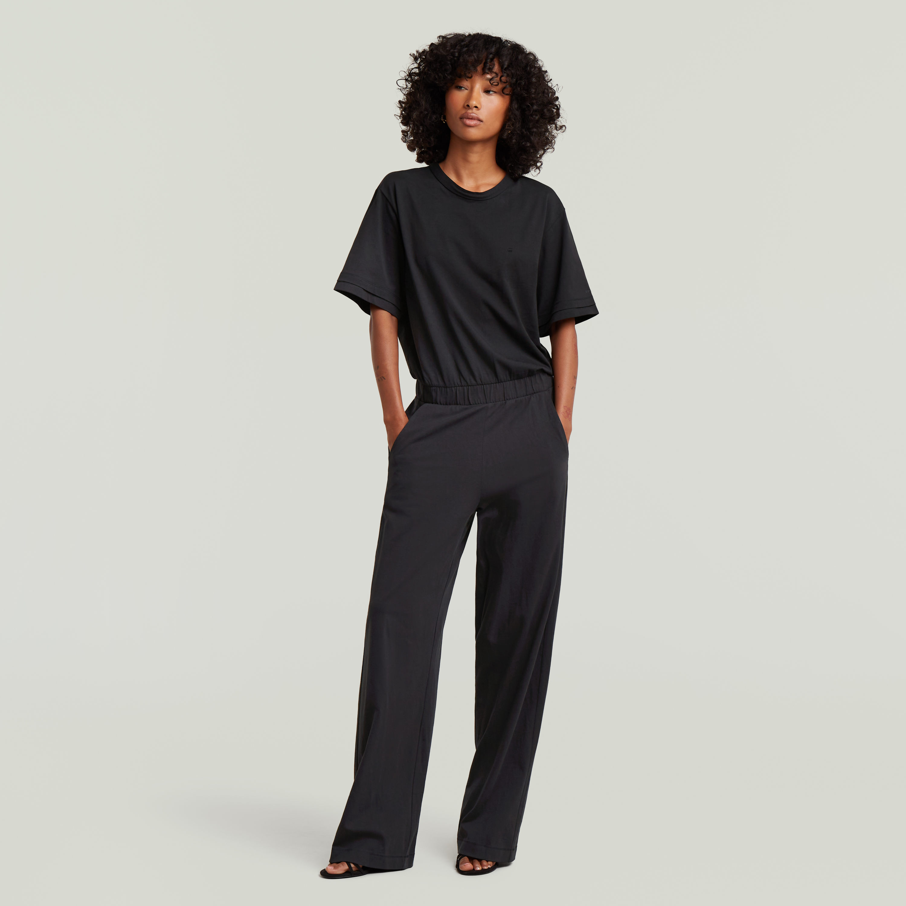Jumpsuit G-STAR "Jersey Jumpsuit Wmn", Damen, Gr. L, N-Gr, dk schwarz, Jersey, Obermaterial: 100% Baumwolle, unifarben, gerade lang, Rundhals, Overalls Jumpsuit, mit elastischem Bund