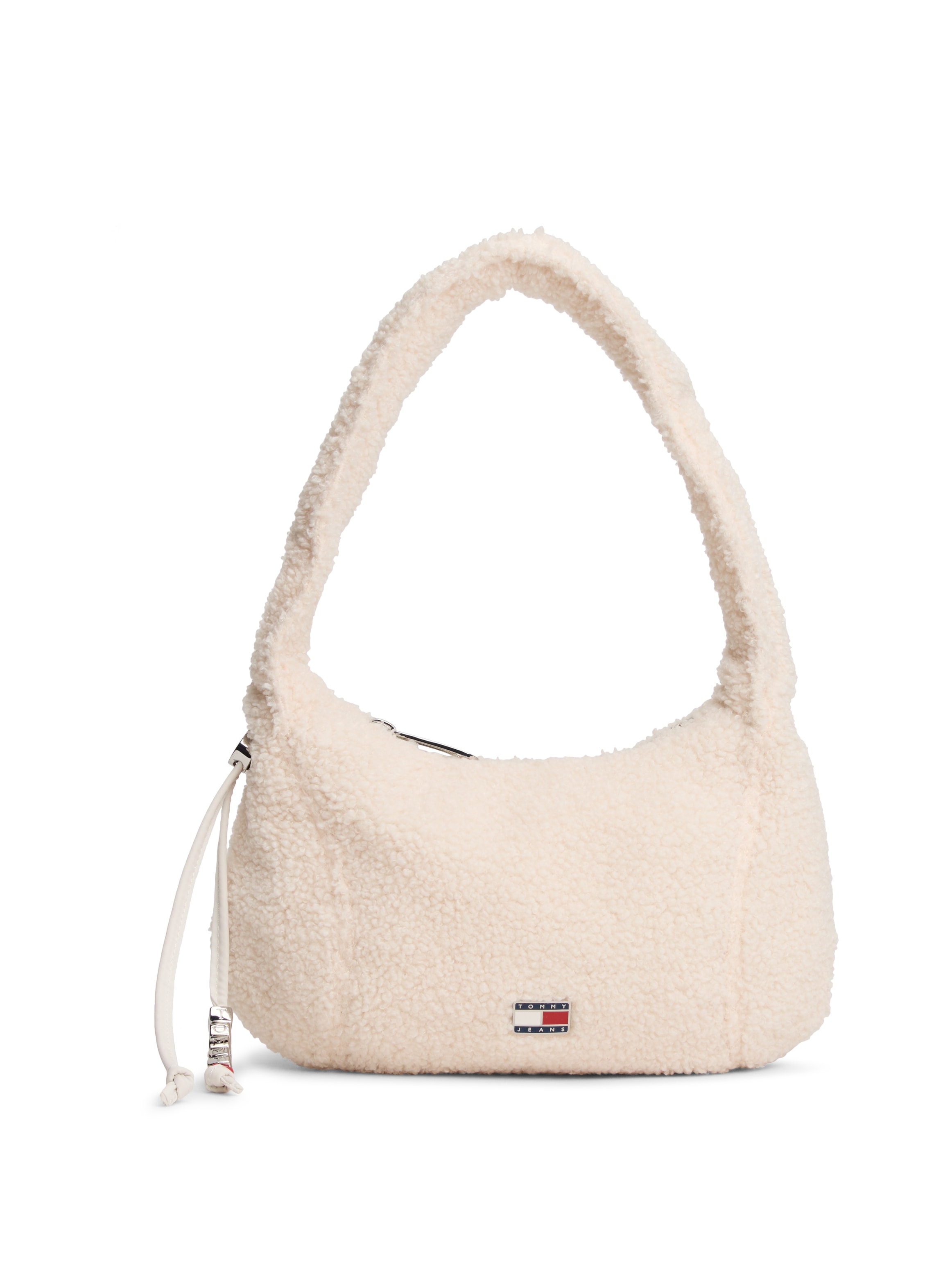 Schultertasche TOMMY JEANS "TJW CASUAL SHERPA SHOULDER BAG", Damen, Gr. B/H/T: 27cm x 16cm x 8cm, ivory, Textil, Taschen Schultertasche, Damen Tragetasche, Freizeittasche mit wattiertem Tragegriff
