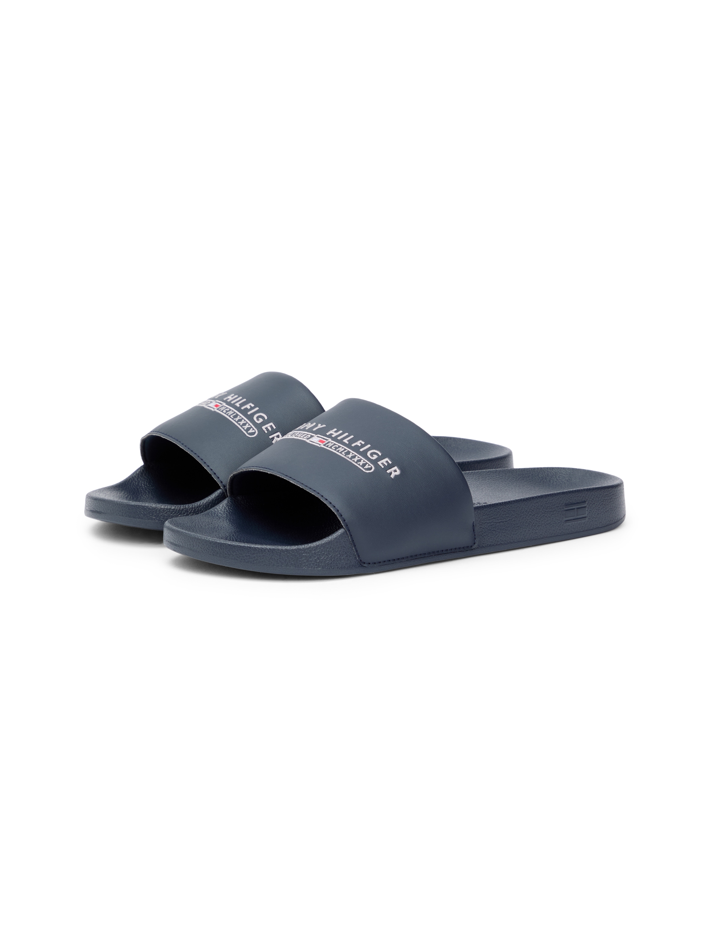 Pantolette TOMMY HILFIGER "TOMMY HILFIGER RAISED POOL SLIDE", Herren, Gr. 42, dunkelblau, Synthetik, Schuhe Pantolette, Sommerschuh, Badeschuh, Haussschuh mit Logoschriftzug