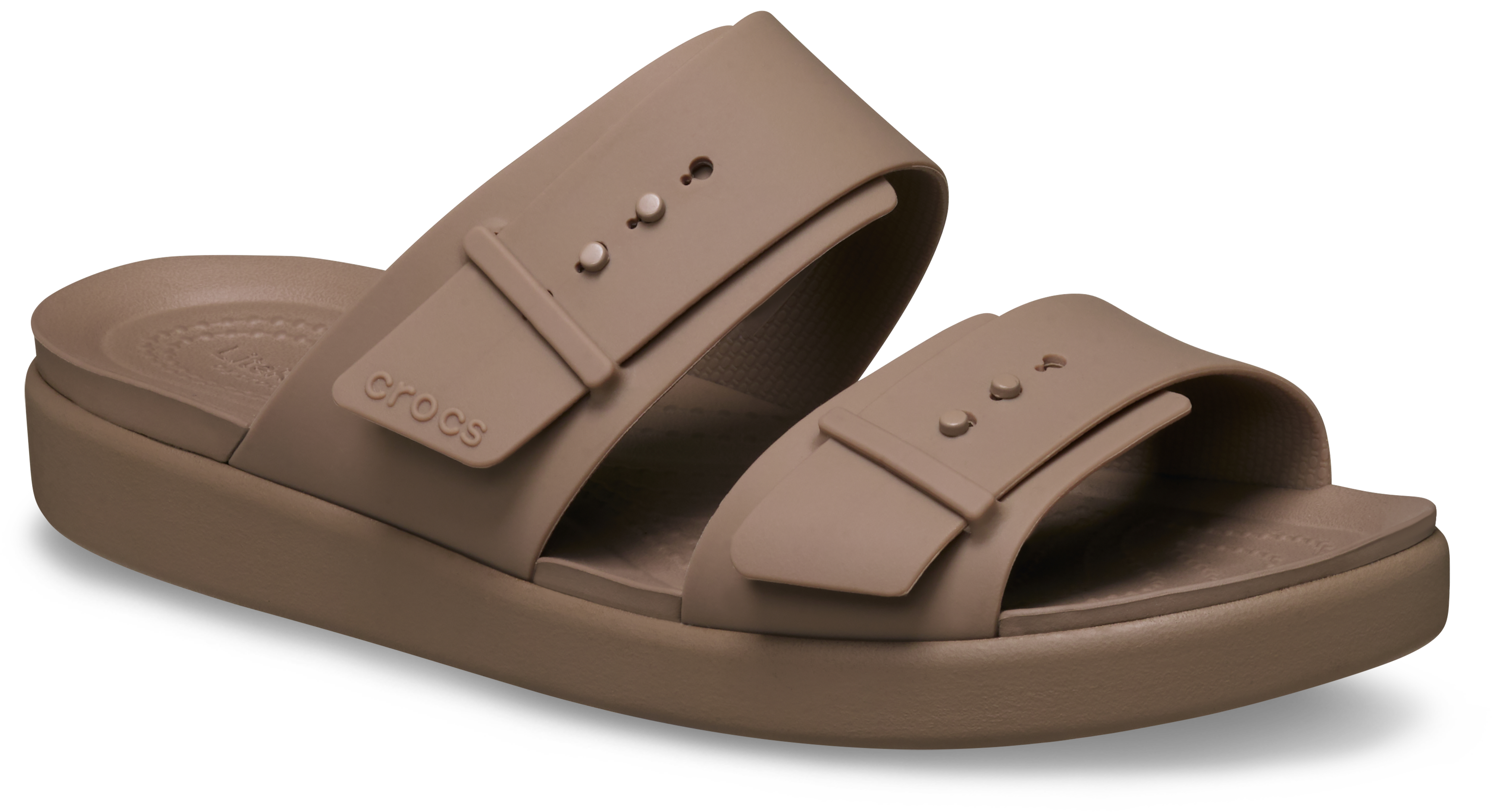 Pantolette CROCS "Brooklyn Buckle Low", Damen, Gr. 41, hellbraun, latte, Croslite™, unifarben, Schuhe Pantolette, Sommerschuh, Strandschuh, Hausschuh mit Softfußbett