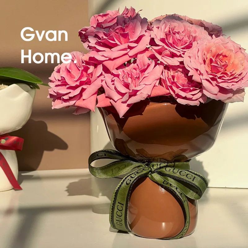 Rose Blumenförmige Keramikvase Schreibtischdekoration Blumenarrangement Gürtel Dekorative Blumenvasen Raumästhetisches Dekor Image