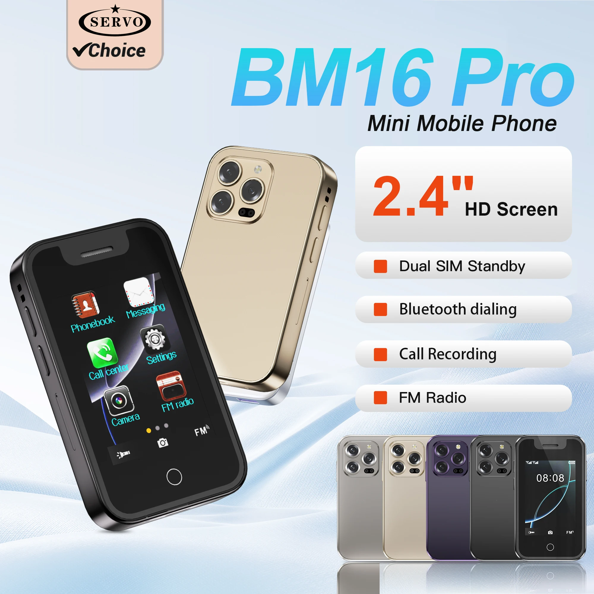 SERVO BM16 PRO Mini Telefono Cellulare con Display Touch da 2.4\", Chiamate Bluetooth, Dual SIM, Registratore, Torcia, 2G GSM, Cellulare Portatile Compatto