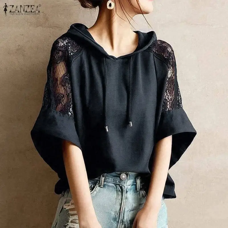 ZANZEA Camicetta da donna Patchwork in pizzo Top Tunica 2026 Mezza manica estiva con cappuccio Camicie casual Pullover Felpe con cappuccio moda Blusa solida