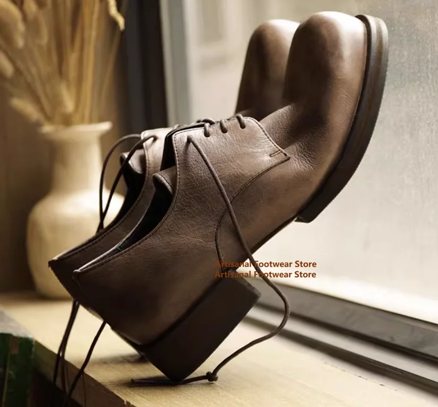 Retro Low Top Freizeitschuhe Big Round Toe Derby Schuhe Vintage Umgedrehte Zehen Atmungsaktive Lederschuhe Trendige handgefertigte Herrenschuhe