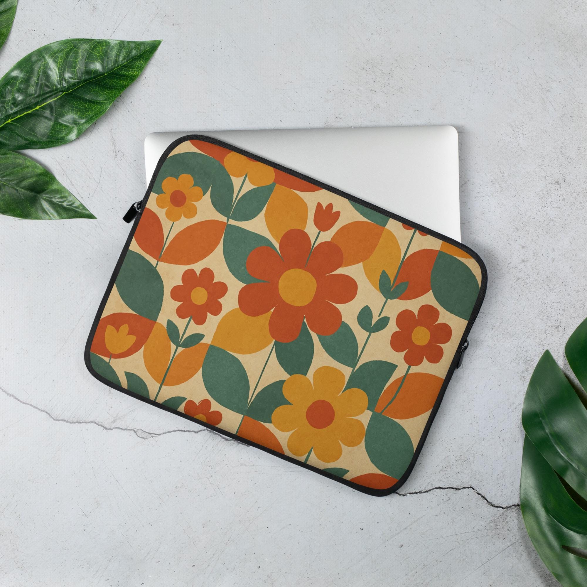 Custodia per laptop con motivo floreale retrò - Custodia per laptop con motivo floreale vintage anni '70, custodia imbottita per MacBook in stile boho