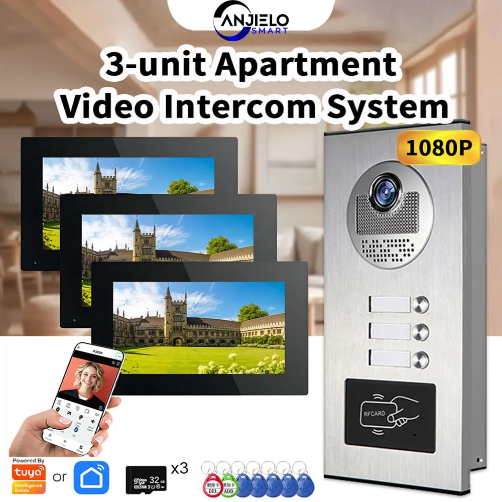 ANJIELO 3-Einheiten-Gegensprechanlage, Video-Türklingel mit RFID-Karte, entsperren Sie 4 kabelgebundene Video-Türsprechanlage 1080P TUYA Smart Image