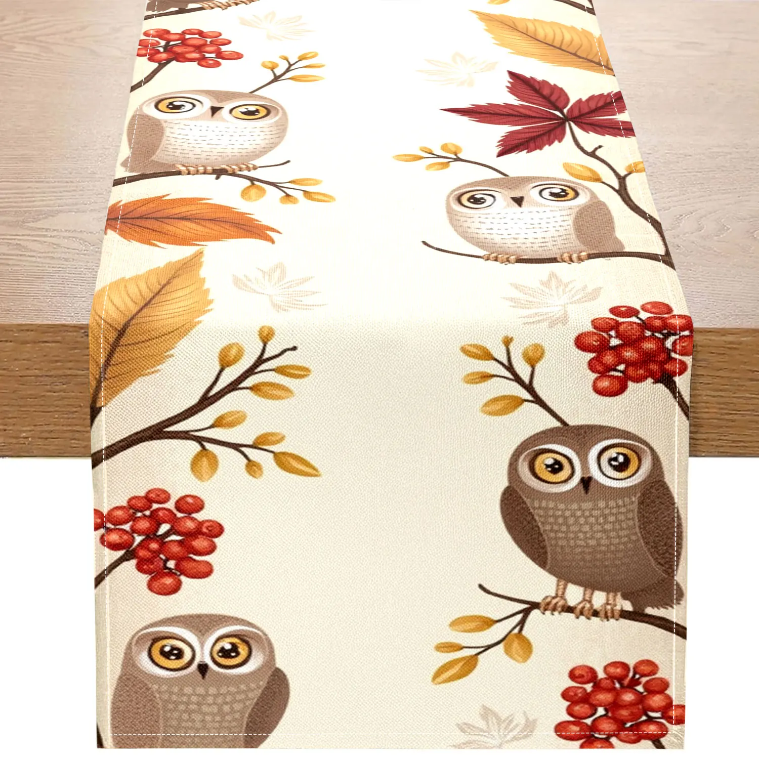 1-teiliger Tischläufer mit Herbst-Eulen-Motiv, verziert mit Eulen, Herbstblättern und roten Beeren, geeignet für die Herbst- und Naturdekoration Image