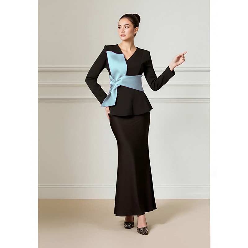 Two Piece Sheath Column Dress Ankle Length Wedding Guest Dress Mother of the Bride Dress Long Sleeve V Neck Elegant Black Dress Formal Wedding Party Family Gathering Satin with Sash / Ribbon