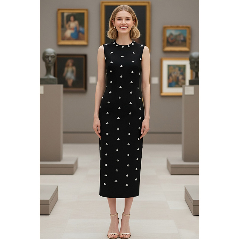 Sheath Column Tea Length Party Dress Cocktail Dress Wedding Guest Dress Mother of the Bride Dress Sleeveless Crew Neck Elegant Vintage Black Dress with Pearls Crystals Beading