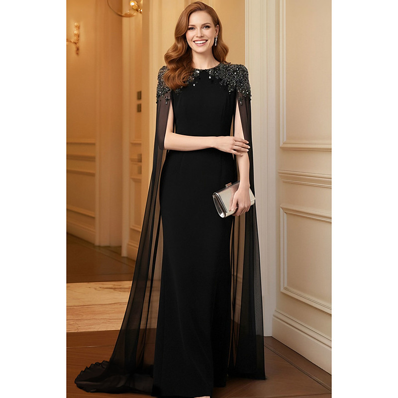 Sheath / Column Floor Length Formal Dress Evening Gown Evening Gown Elegant Vintage Black Dress Long Sleeve Crew Neck Evening Party Wedding with Crystals Beading
