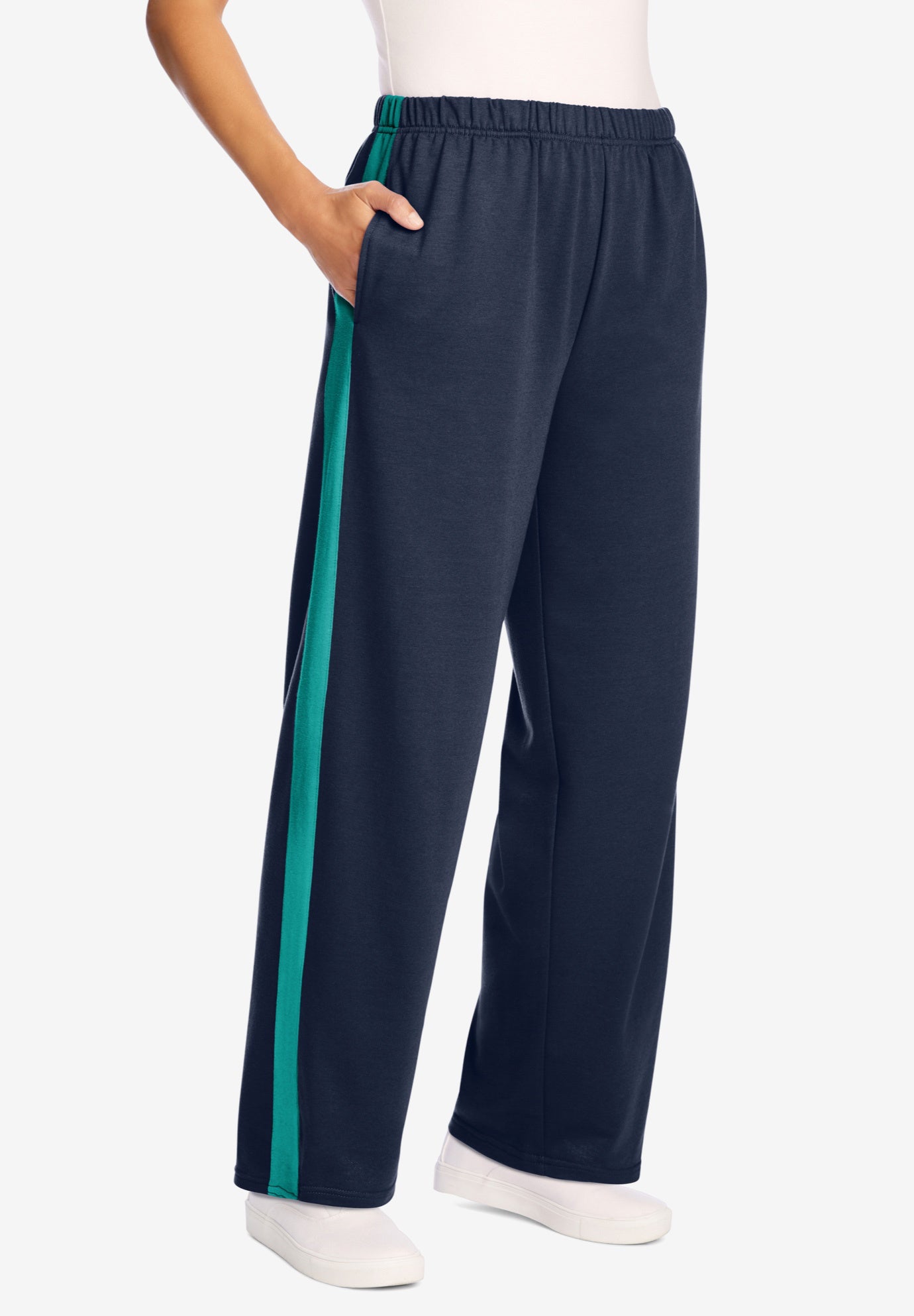 Plus Size Women's Cotton French Terry Straight-Leg Pull-On Side-Stripe Pants by Woman Within in Navy Waterfall (Size 38/40)