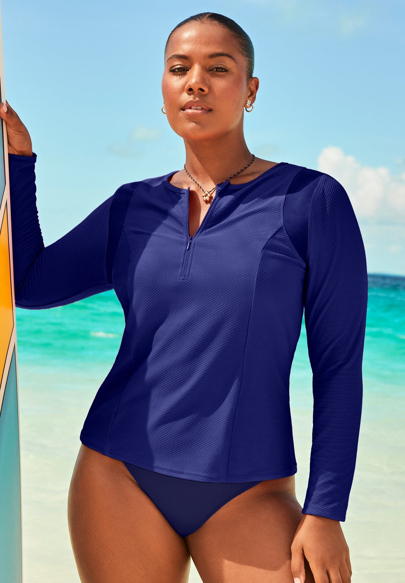 Plus Size Women's Chlorine Resistant Quick-Dry 1/4 Zip Front Long Sleeve Swim Rash Guard by Swimsuits For All in Deep Sea (Size 8)