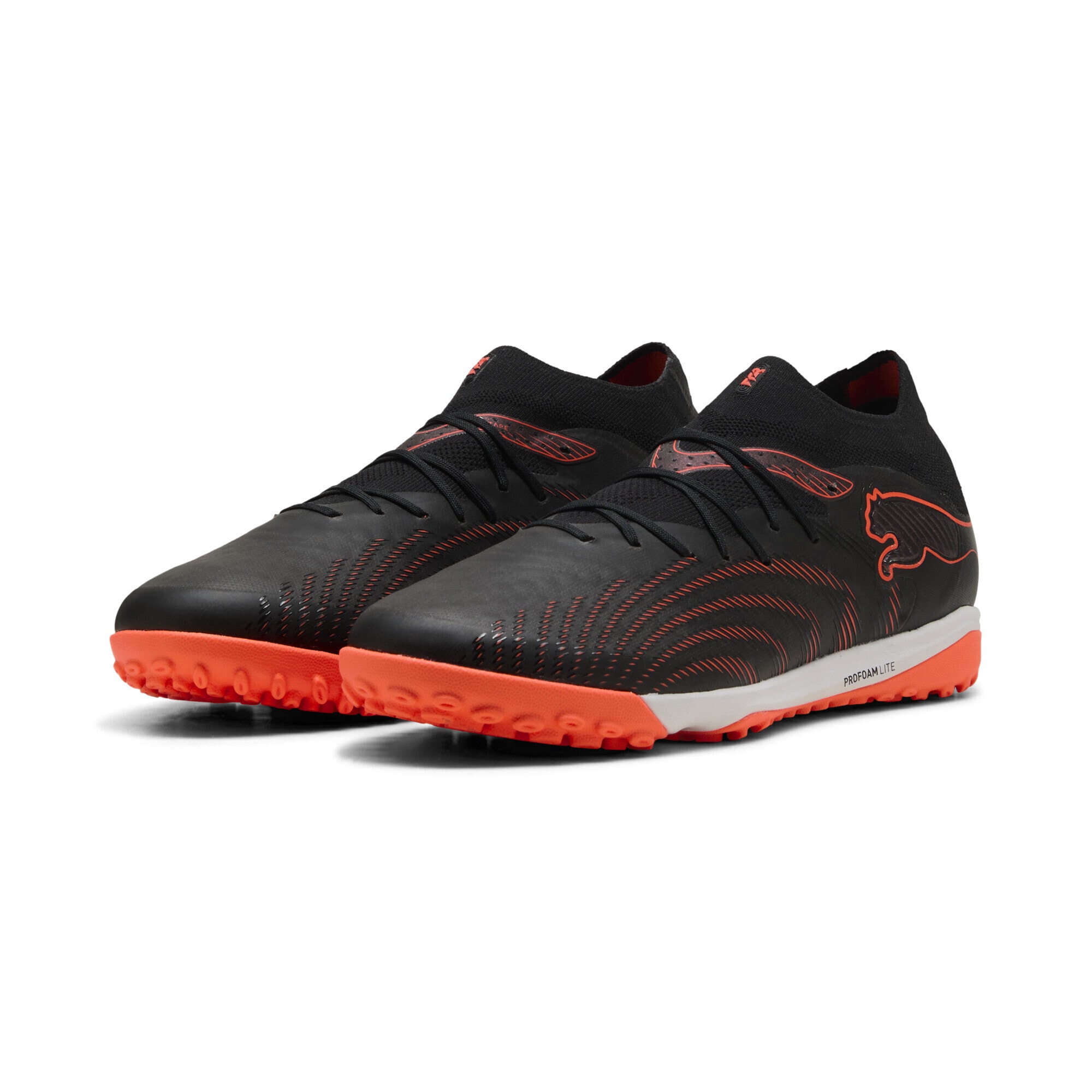 Fußballschuh PUMA "FUTURE 9 PRO Cage Fußballschuhe Erwachsene", Damen, Gr. 46, schwarz glowing rot strong gray, Obermaterial: Synthetik, Textil; Futter: Synthetik, Textil; Innensohle: Textil; Laufsohle: Gummi, Schuhe Fußballschuh