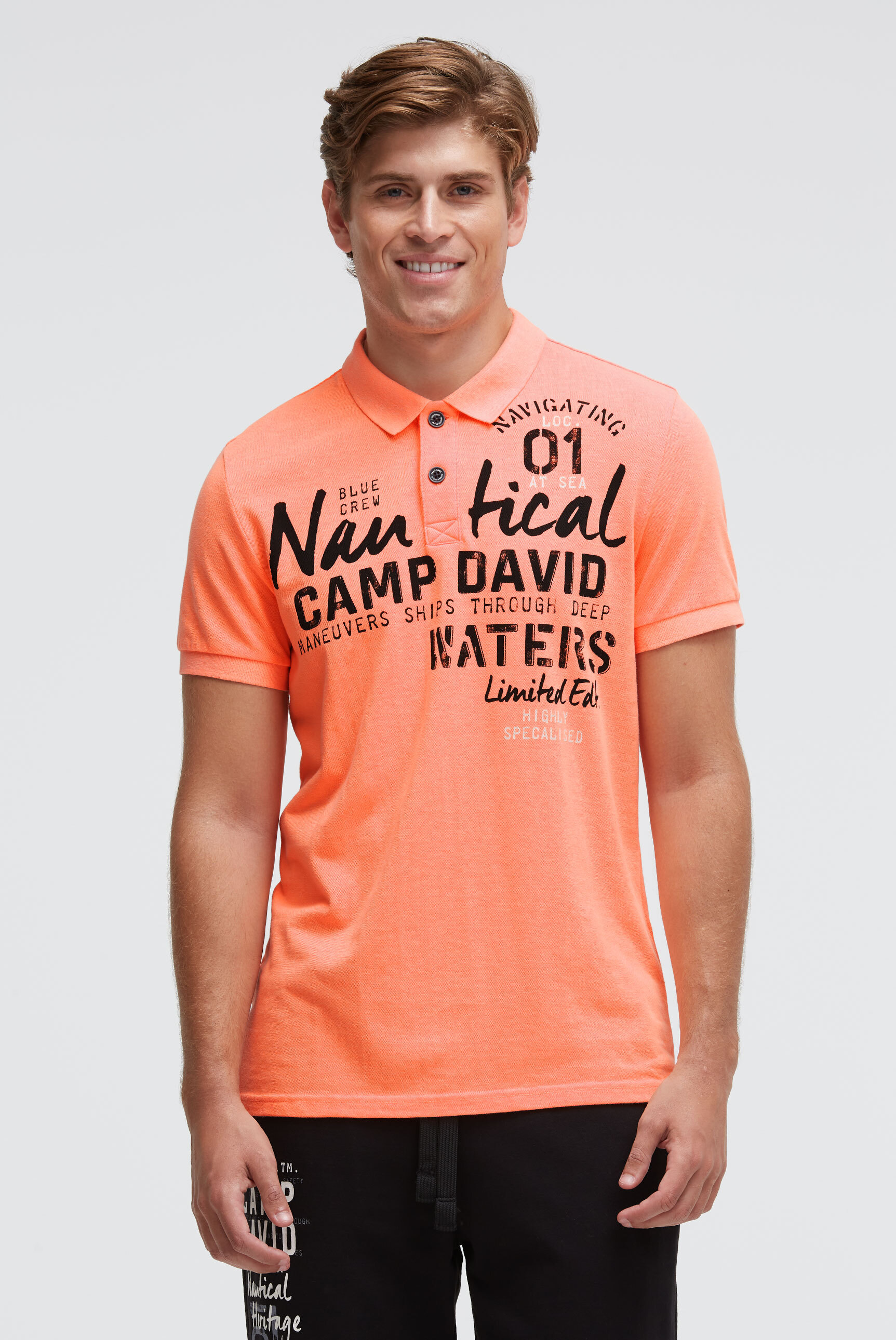 Poloshirt CAMP DAVID, Herren, Gr. 3XL, speed orange neon, Material: 50% Baumwolle, 50% Polyester, bedruckt, regular fit normal, eingesetzt Rippbündchen, Shirts, mit Baumwolle