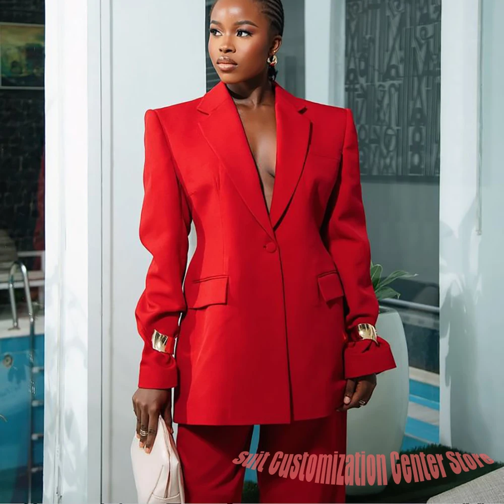 Abito da donna elegante Autunno Nuovo abbigliamento rosso Bottone singolo Risvolto Blazer Pant Set Capispalla formale slim fit per feste in ufficio