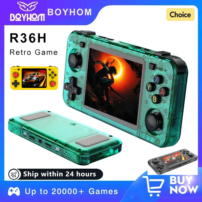 BOYHOM Grüne R36H Retro-Spielkonsole 3,5 Zoll IPS-Display RK3326 3000mAh 64GB/128GB Open Linux System Klassischer Videospiel-Player