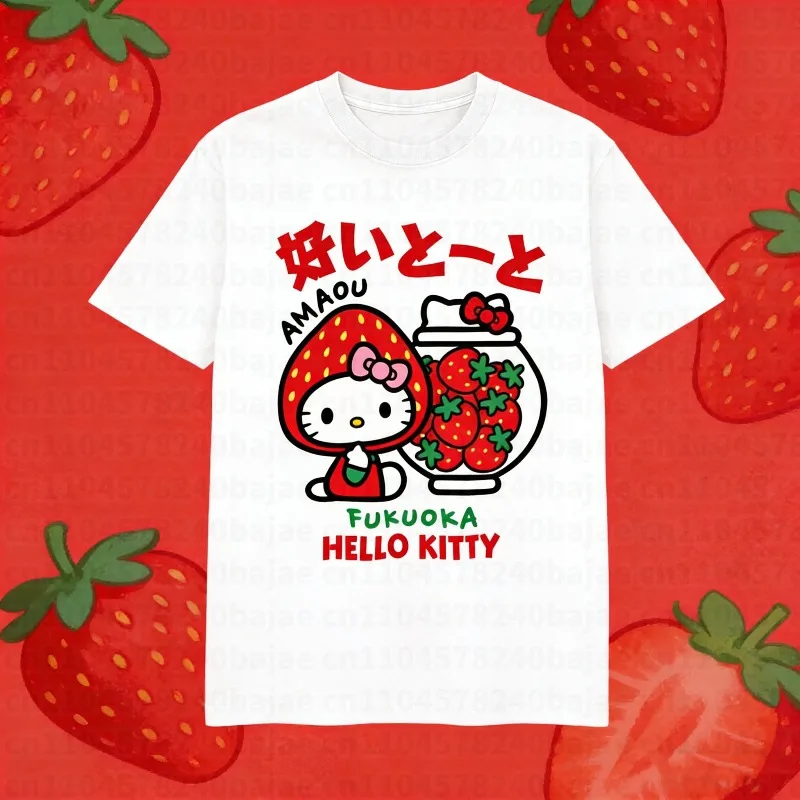 Hello Kitty Erdbeer-T-Shirt, Hippie-Strand-T-Shirt, Retro, lässig, einfach, vielseitig, Geschenk, kreatives Hip-Hop-Freizeit-T-Shirt