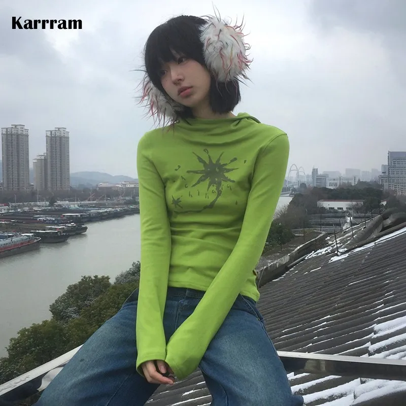 Karrram Japanisches Y2k Kapuzen-T-Shirt Grunge Ästhetik Grün Langarm-T-Shirt Vintage Harajuku Kapuzenoberteile 2000er Jahre Streetwear
