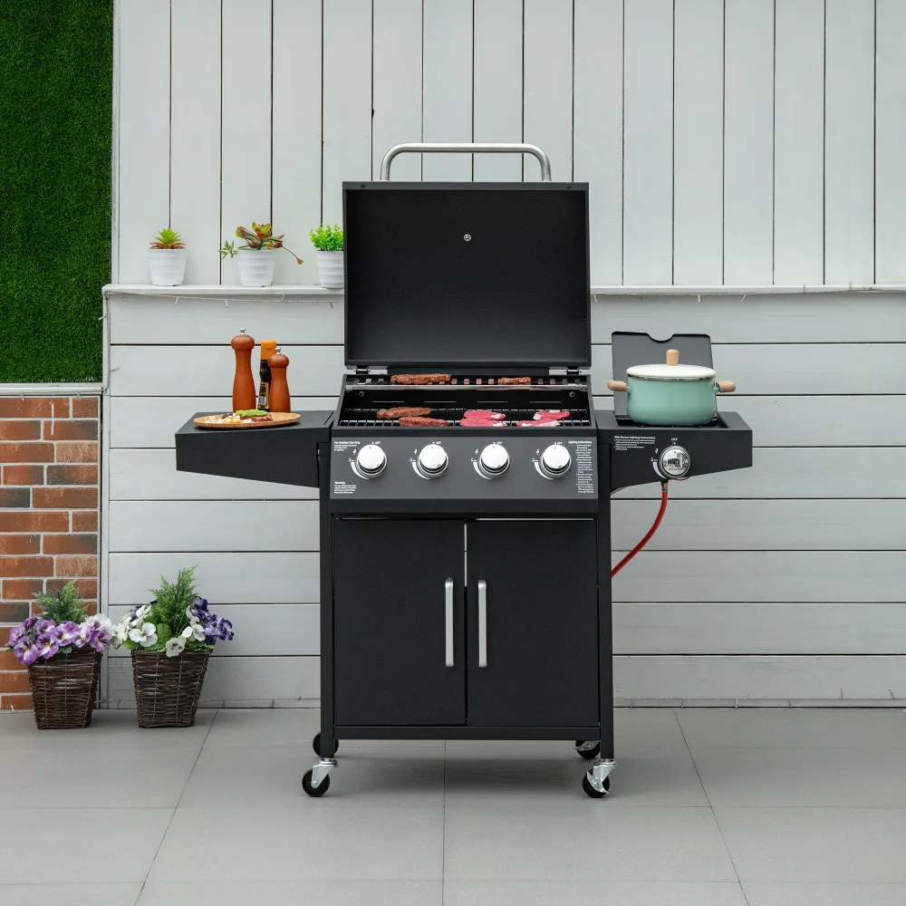 132,4x55x109cm Gasgrill BBQ mit 4 Brennern, Deckel mit Thermometer, Mobiler Grillwagen mit 4 Rädern, Grillrost, Outdoor-Barbecue Image