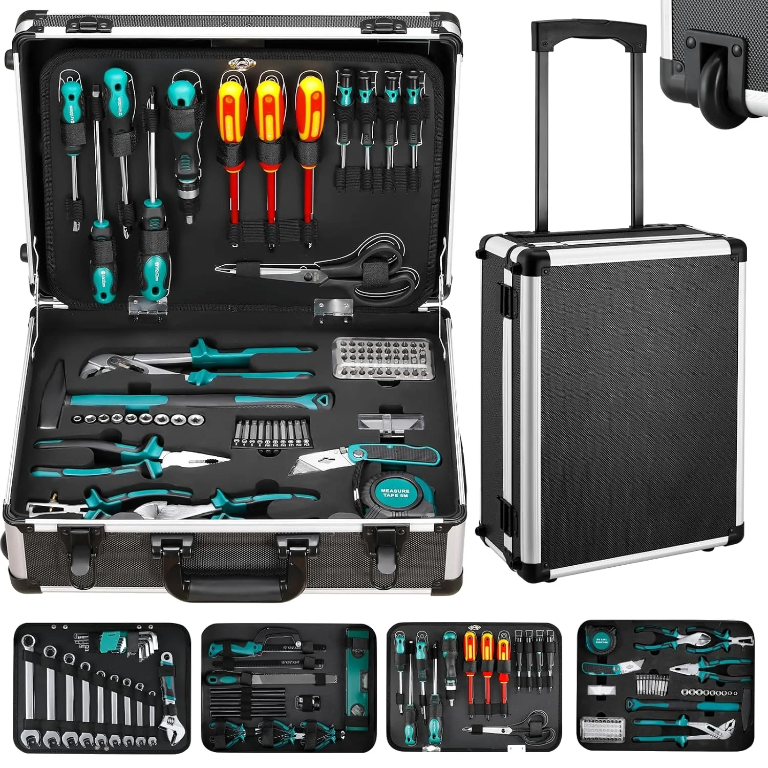 Chariot à outils pour mallette à outils de 128 pièces | Boîte à outils remplie | Coffre à outils professionnel | Acier au chrome vanadium