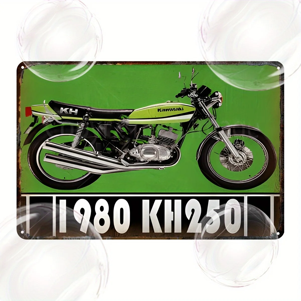 Vintage 1980 KH250 Motorrad-Blechschild – Retro-Metallwandkunst in Grün und Schwarz mit kräftigem Weißschriftzug, kein Strom erforderlich, E