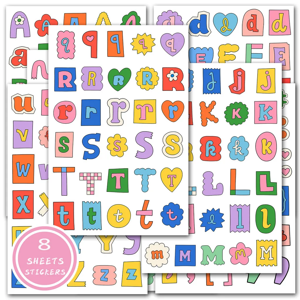 8 Blatt bezaubernde Alphabet- und Symbol-Etikettenaufkleber – niedliche handgeschriebene Dekor für Studententagebücher, Tagebücher, AnimeWorlds Store Image