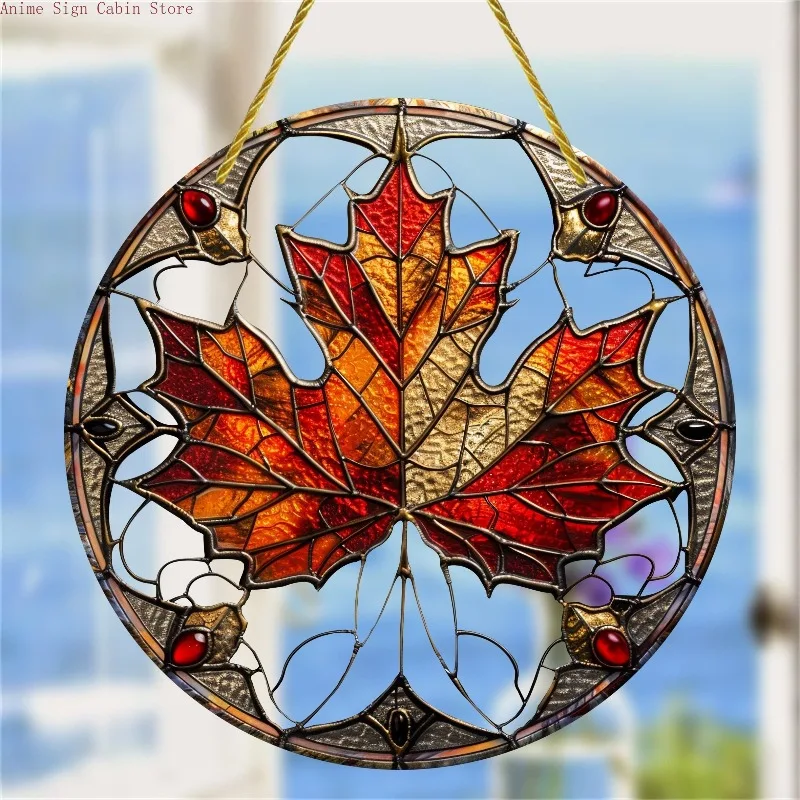 [2D flach] Ein Artikel, stilvolle Ahornblatt-Gläser, Acrylschild, runde Dekoration, elegantes Fenster, Veranda, Wandkunst für die Raumdekoration zu Hause Image